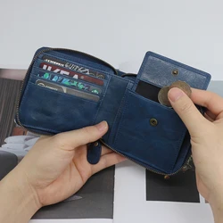 Zipper Short Purses Genuine Leather Luxury Men Clutch Wrinkled Cowhide Mens Coin Pouch Storage Credit Card Wallet