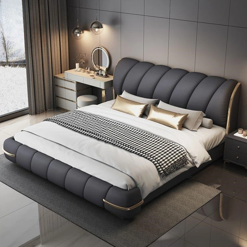 

light luxury big bed modern simple black high-end leather bed Double Comfortable indoor letto matrimoniale contenitore furniture