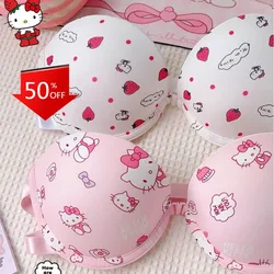 Hello Kitty Japanese Cartoon Cute Seamless Invisible Bra Underwear Set Front Closure Women Push Up Bra Wire Free Girl Brassiere