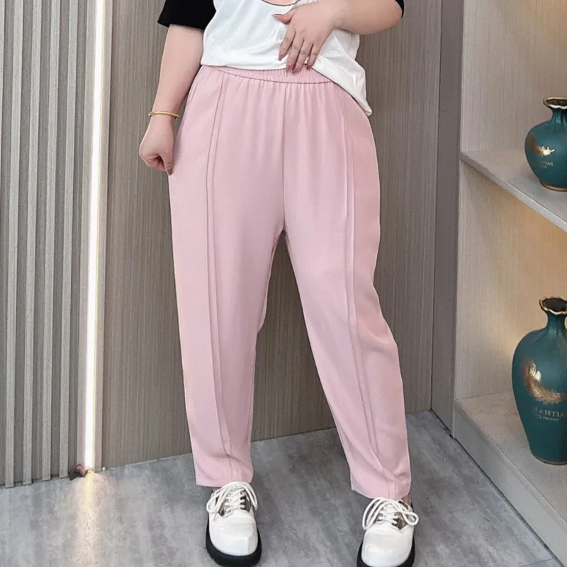 Plus Size Women's Summer Ice Silk Harem Pants Female High Waist Loose Casual No Ironing Cool Draping Ankle-length Bottoms