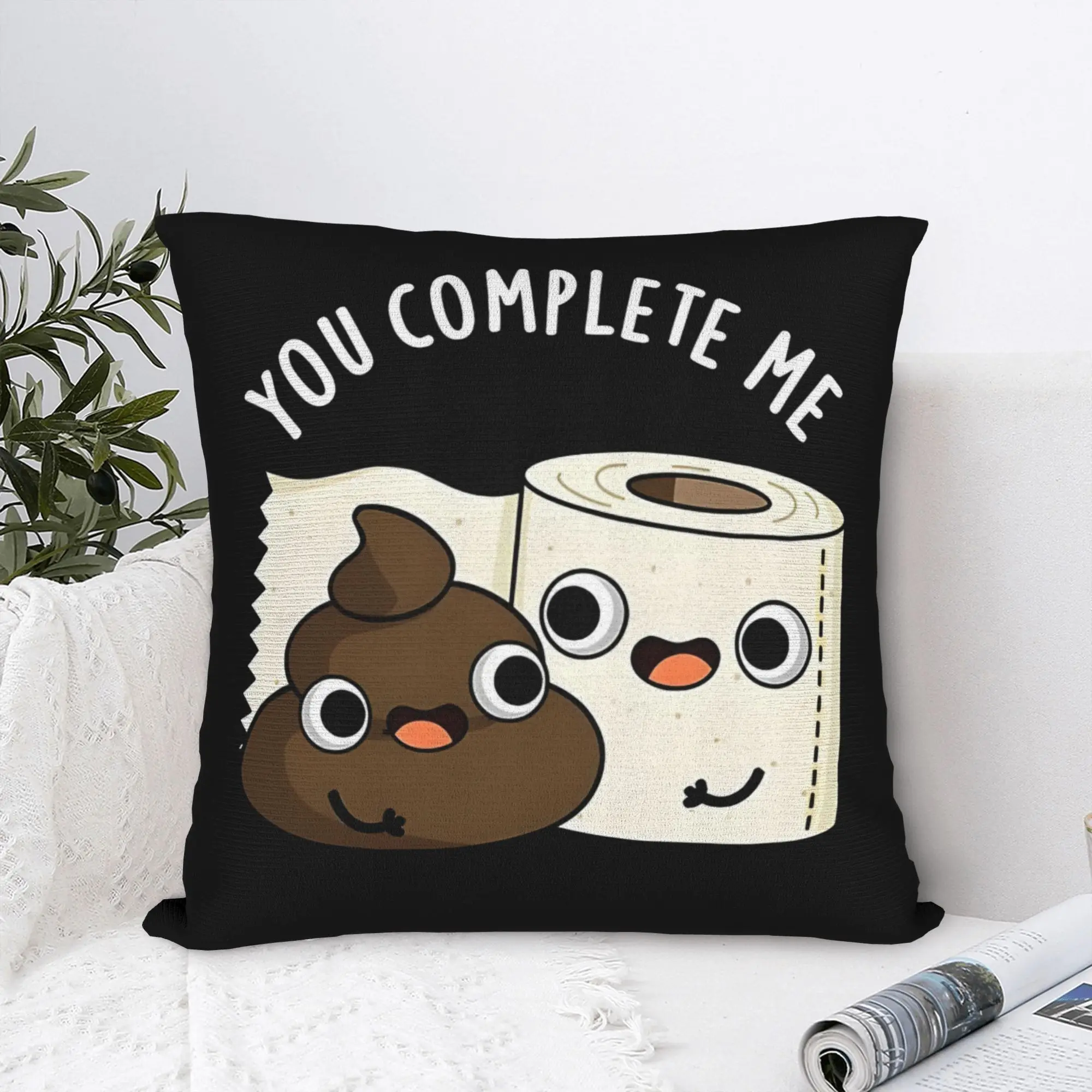 You Complete Me Poop and Toilet Paper Double-Sided Pillowcase, Humorous Cartoon Cushion Cover with Zipper, Washable Decor Case