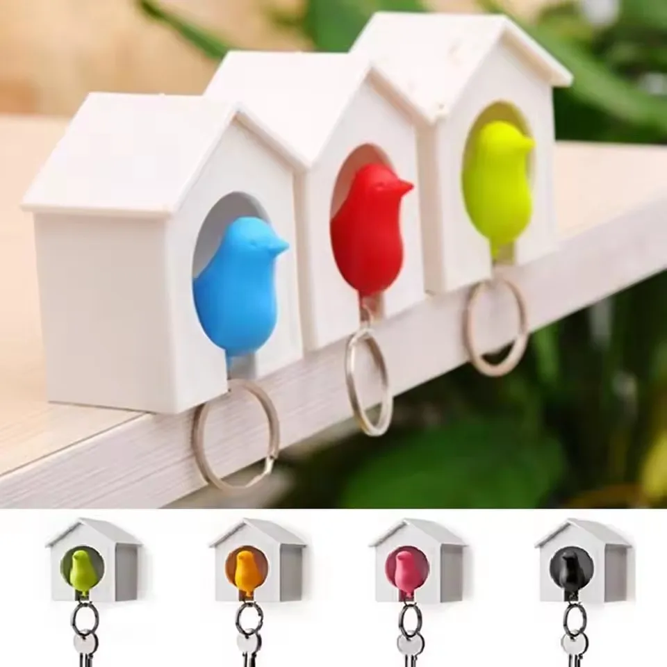

Birdhouse Shape Sparrow Key Holder Cute Bird Keychain Whistle Wall Mount Door Hanging Keyring Organizer Living Room Decoration