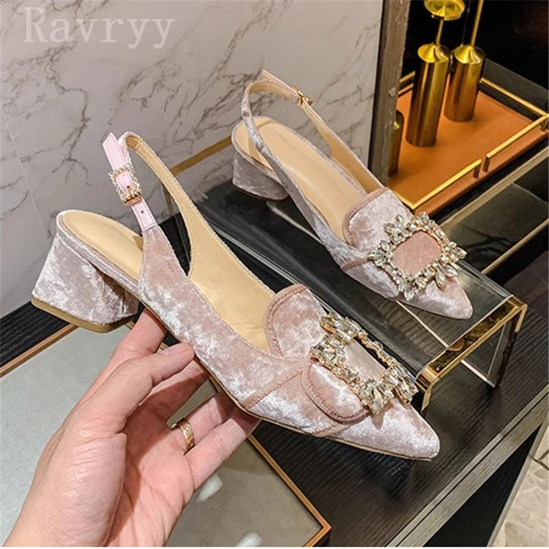 Summer New Rhinestones Square Buckle Pumps Pointed Toe Thick Heel Sandals Velvet Buckle Strap Low Heel Single Shoes for Women