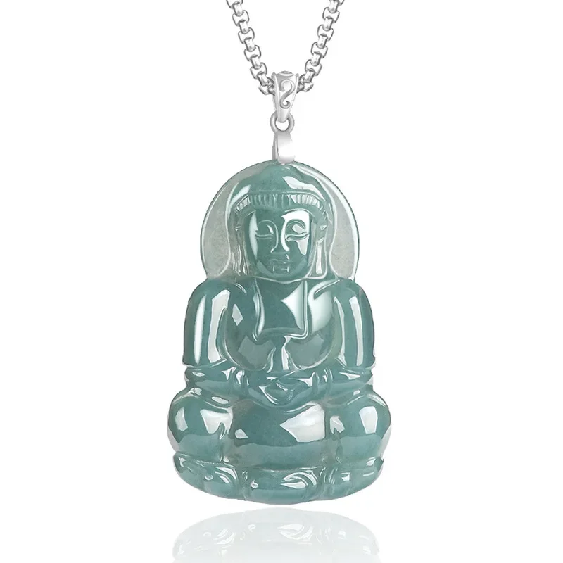 

Jiale/S925 Silver Buckle Natural Jade Blue Water Luxury Guanyin Necklace Men and Women Pendant Fashion Couple Accessories Amulet