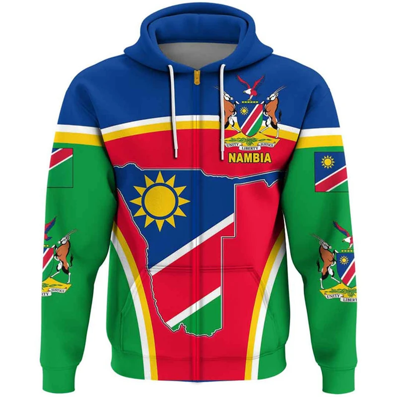 

Africa Country Namibia Graphic Sweatshirts Casual Boy Hoody Flag Map Dashiki Zip Up Hoodie For Men Clothes National Emblem Tops