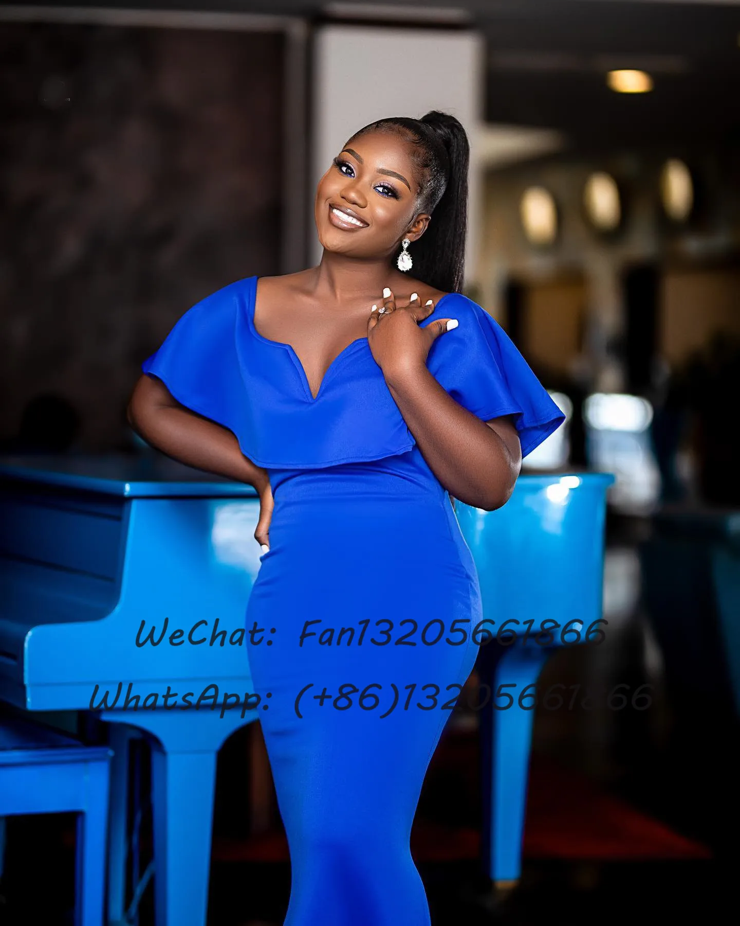 Royal Blue Mermaid Bridesmaid Dresses Floor Length V-neck Cap Sleeve Formal Wedding Party Dress African Nigerian Evening Gown