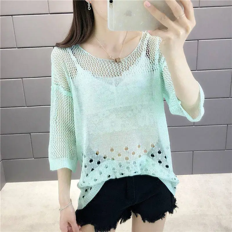 Stylish Solid Color All-match Hollow Out T-Shirt Female Clothing 2023 Summer New Oversized Casual Pullovers Commute Tee Shirt