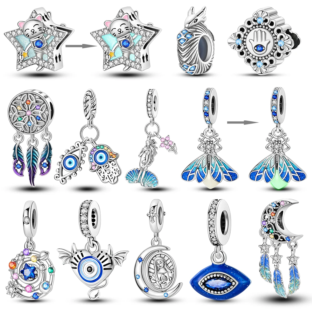 Silver Plated Beads Moon Evil Eye Luminous Firefly Charms Fit Original Bangle Bracelet Charm Pendants Fine Jewelry Gift