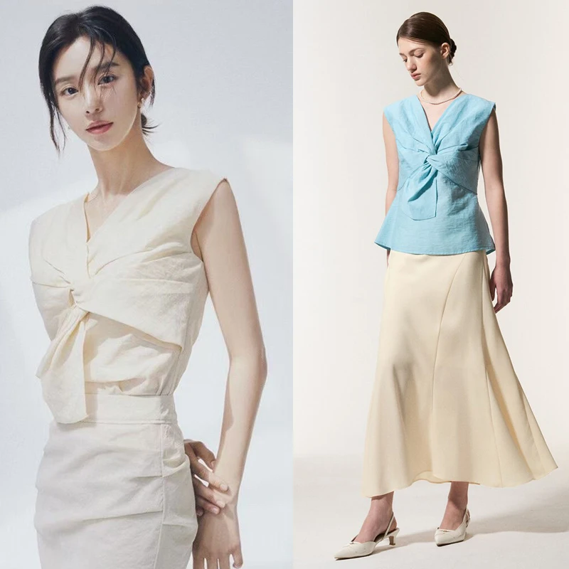 تصميم رومانسي أنيق على شكل حرف v وعقدة مطوية وربطة عنق كبيرة بدون أكمام قميص نسائي 2 لون على الطراز الفرنسي مقاس نحيف غير قاب...