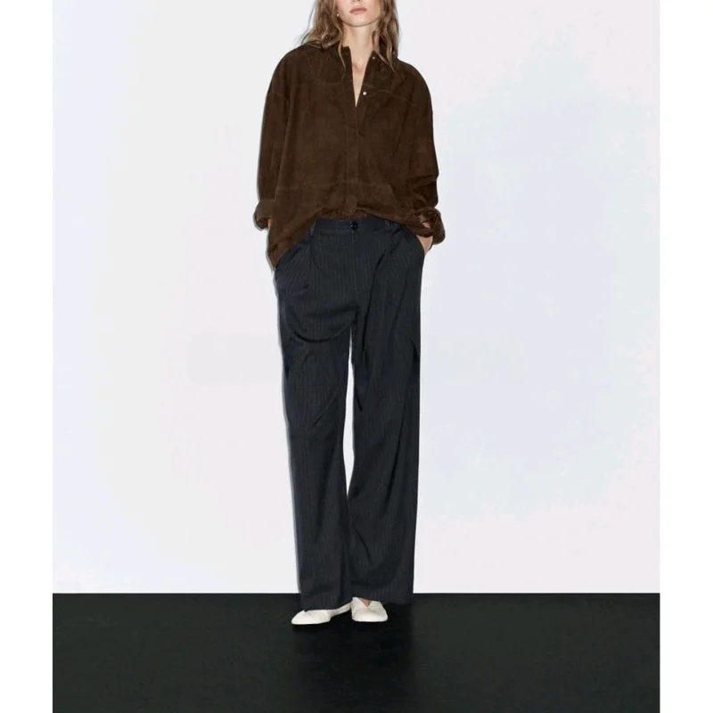 بنطلون واسع الساق مخطط للنساء بأسلوب عملي أنيق، تصميم جديد للخريف، بنطلون رسمي أنيق من ألياف البوليستر #2