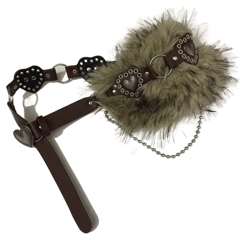 

Fashion Patchwork Heart Leather Fur Belt PU Leather Faux Fur Furry Waistband Versatile Korean Style Plush Belt Daily