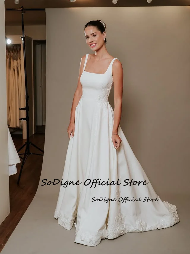 SoDigne A-line Appliques Simple Wedding Dresses Square Collar Sleeveless Satin Bridal Dress Women Long Wedding Gown Customized