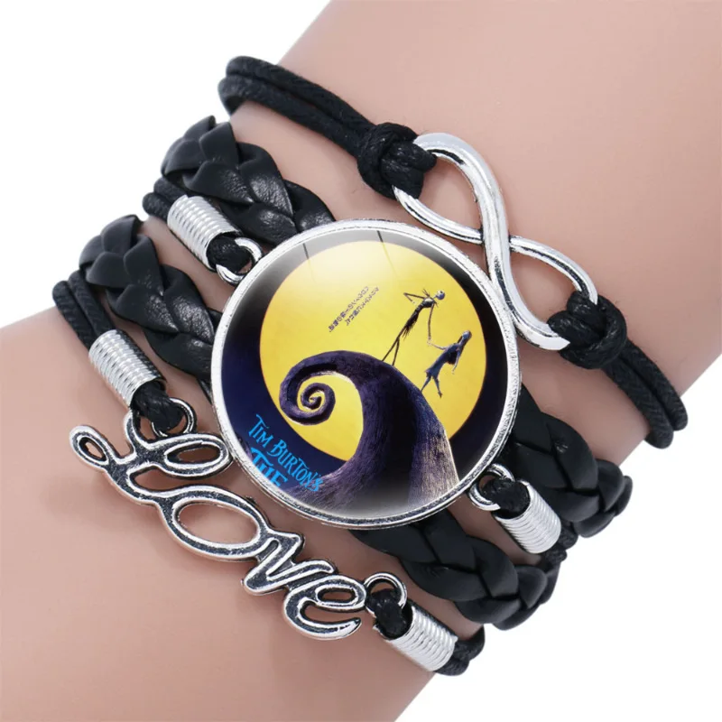 Disney The Nightmare Before Christmas Cartoon Black Leather Braided Bracelet Sally Jack Skellington Anime Figures Kids Bracelets