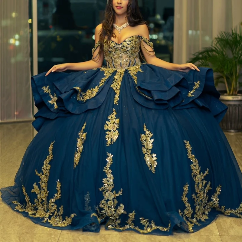 

Navy Blue Shiny Ball Gown Quinceanera Dresses Gold Applique Lace Beading Crystal Bow Tull Corset Off Shoulder Sweet 16 Dress