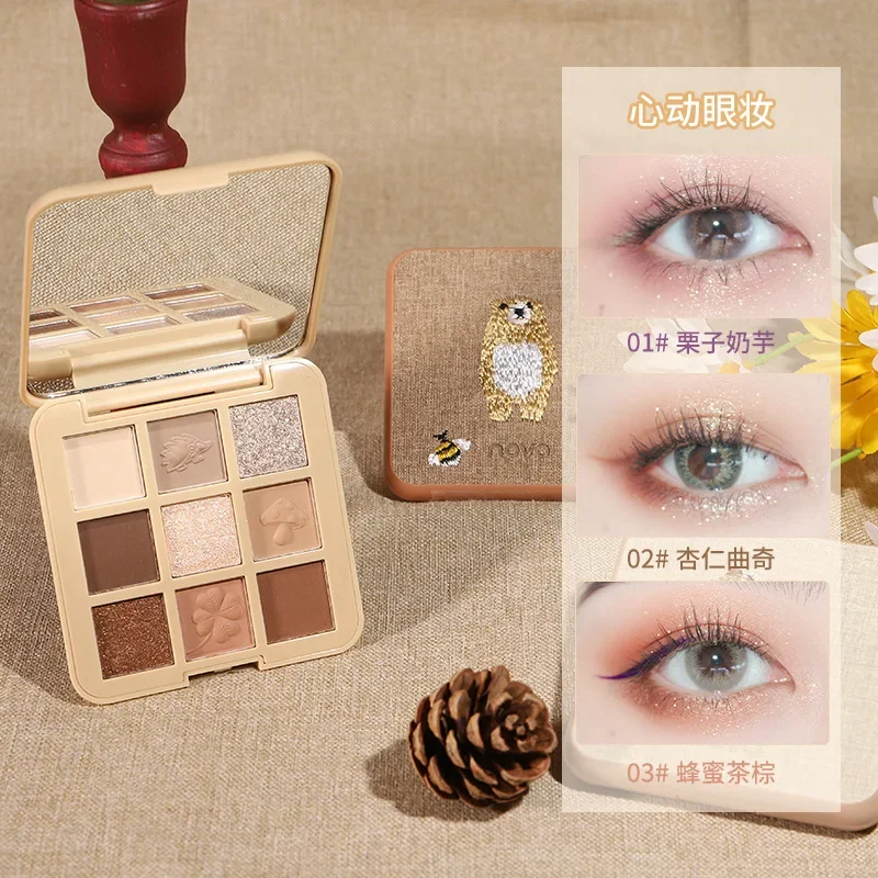 Paleta de sombra de ojos bordada, 9 colores, mate nacarado, impermeable, sin pelar, asequible, maquillaje cosmético