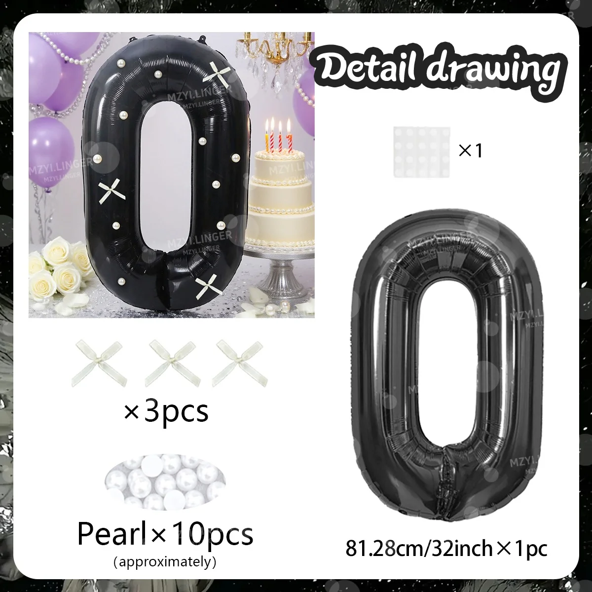 Schwarze digitale Ballons, kombiniert mit Schleifen und Perlen, zur Dekoration von Geburtstagsfeiern, Festlichkeiten und Jubiläen. – Detail 7