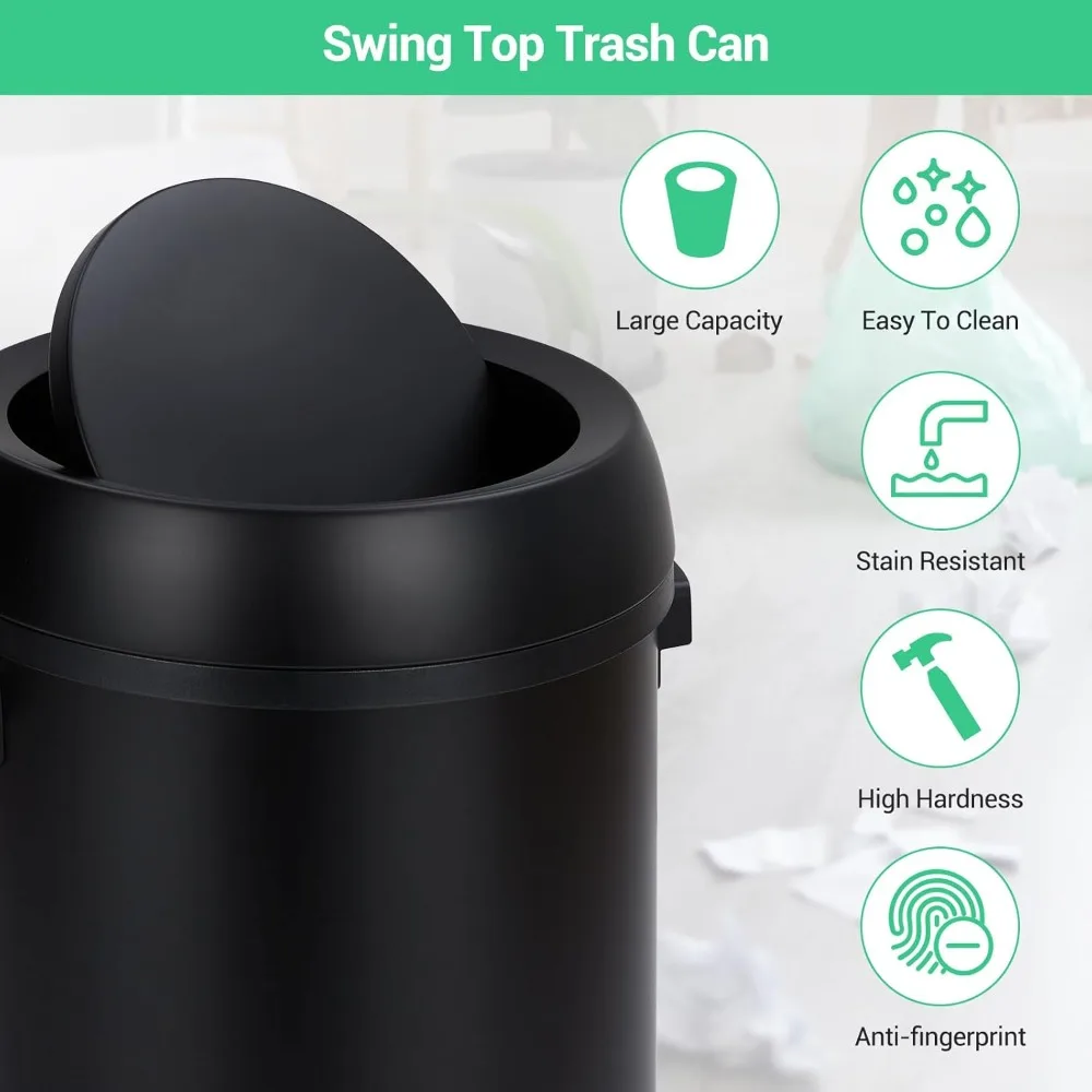 17 gal/65 L Trash Can, Fingerprint-Proof Stainless Steel Swing Top Garbage Can, Heavy Duty Commercial Round Trash Bin