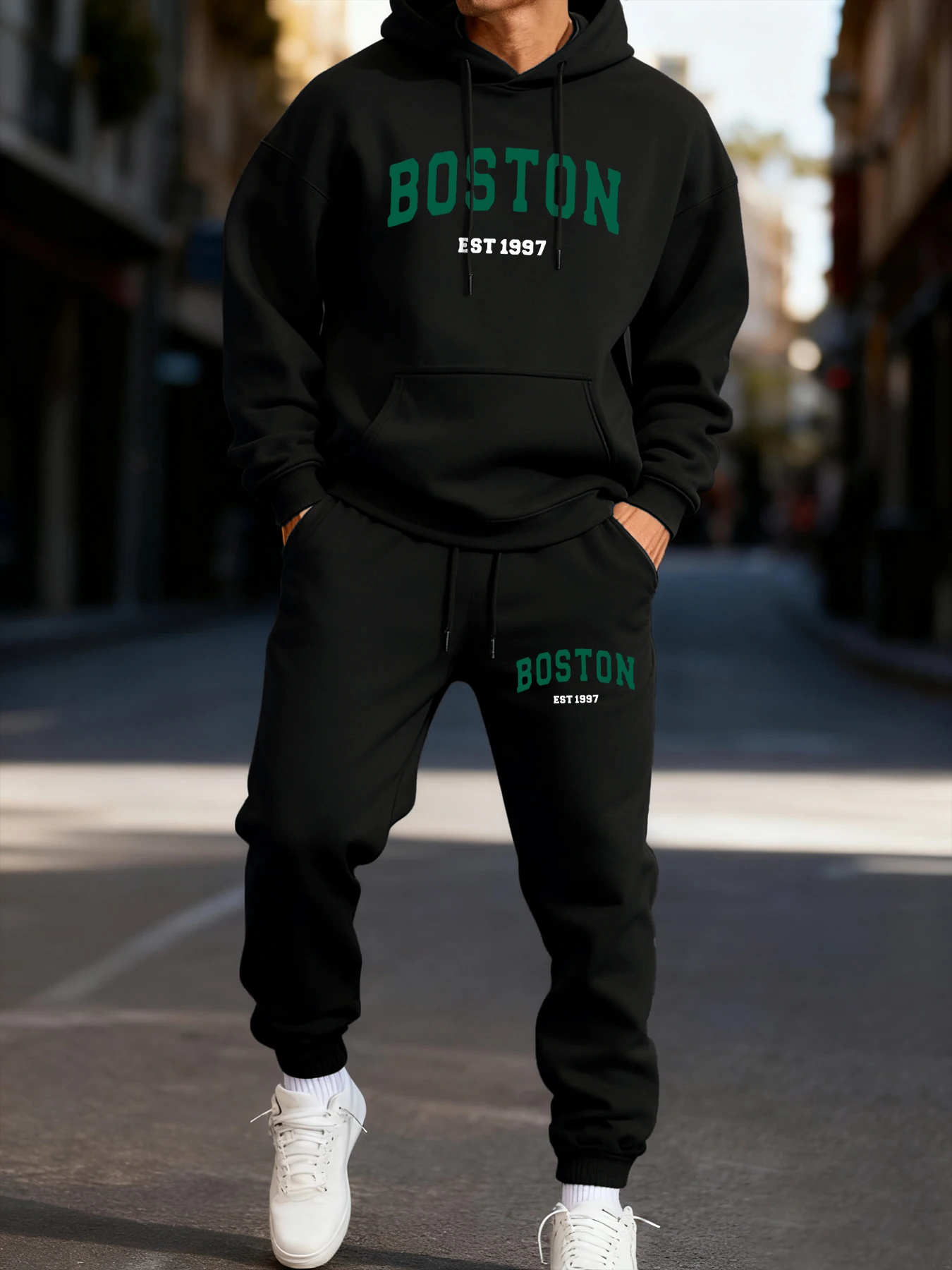 Conjunto de sudadera con capucha para hombre con estampado sencillo de Boston, conjunto deportivo de dos piezas para invierno, ropa urbana de largo, sudadera informal para parejas.