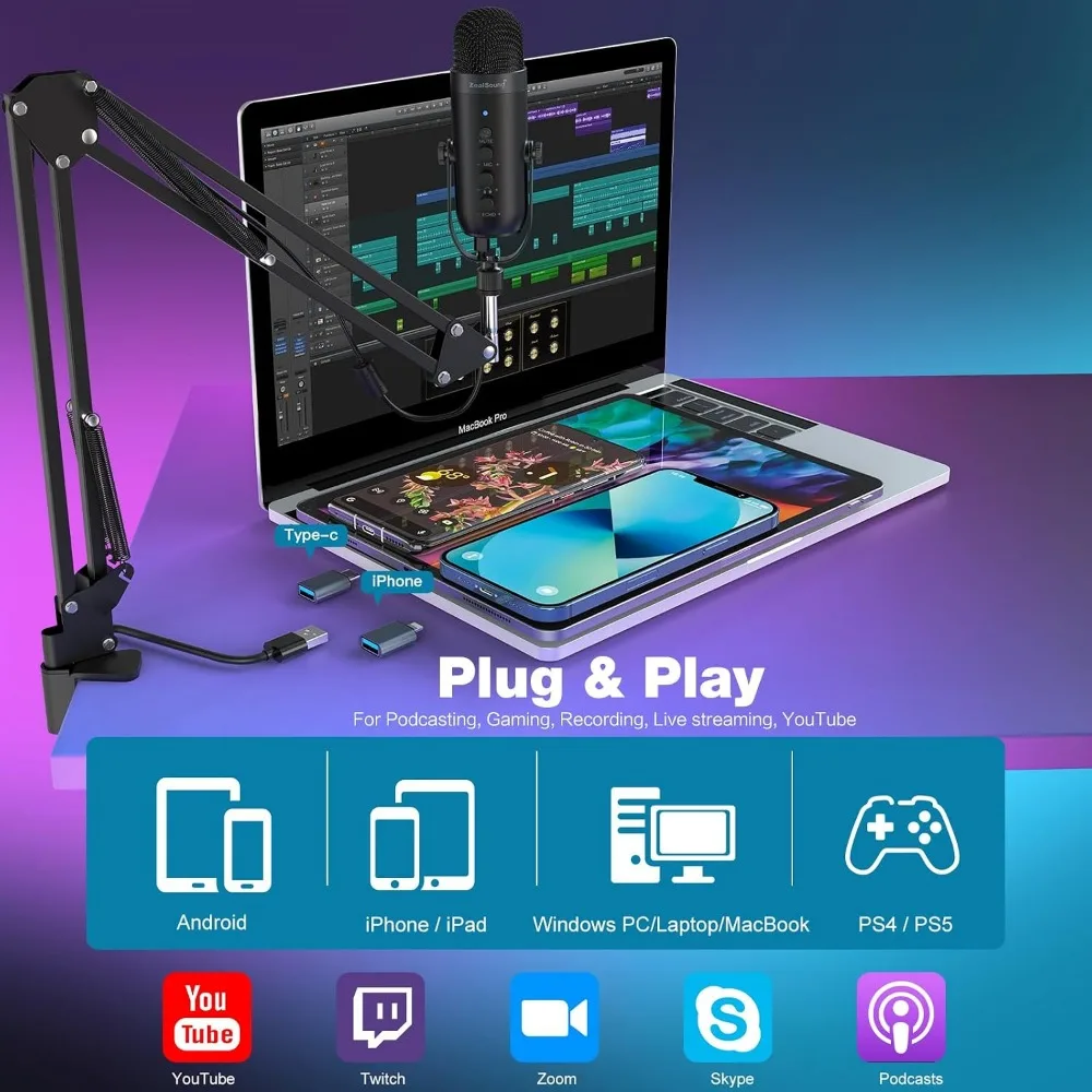 Noise Reduction Mic with Boom Arm, Mute, Echo/Volume, Zero-Latency, PC/Mac/iOS/Android Compatible view 2