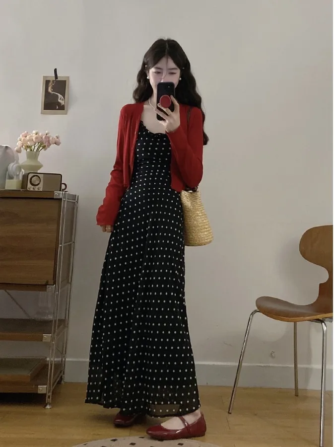 

plus Size Women's Vintage Polka Dot Sleeveless Strap Dress Thin Red Open Cardigan Top City Commute Style High Waist A-Line Skirt