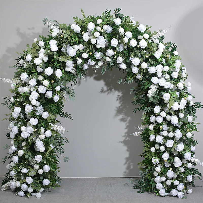 

White Rose With Vine Green Willow Leaves Wedding Round Arch Decor Floral Arrangement Delphinium Flower Event Supplies