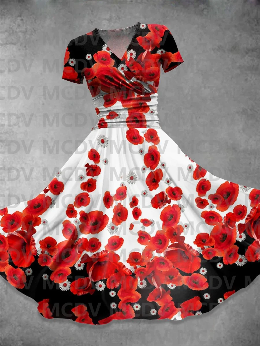 Poppy Art Print Casual Dress 3D Printed Women's Sexy V-neck Dress Female Dresses