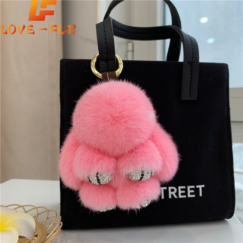 2024 Real Mink Fur Bunny Fur Pendant Bag Jewelry Key Chain Plush Pendant Trumpet Cute Cute Rabbit Children Animal Cartoon Doll