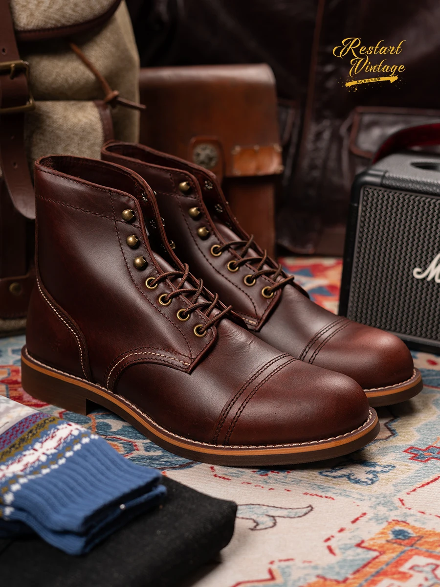

Vintage Boots Men's High Top Leather oes Work Boots Motorcycle Boots Retro Lace-Up Soldier Boots Trendy Rubber Sole