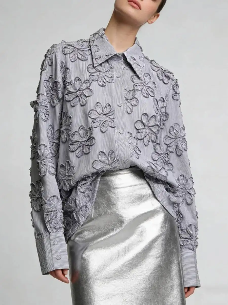 

Женская элегантная блузка BJTZ 2026 с 3D-вышивкой цветов, свободного кроя, сине-серая, в стиле ретро, для весны и осени