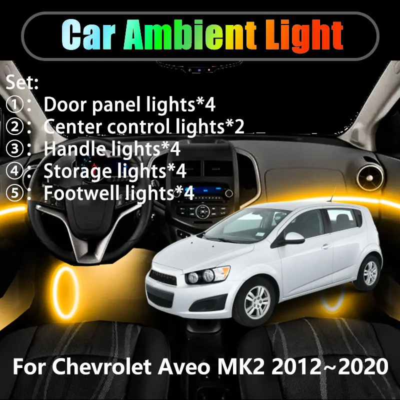 

Для Chevrolet Aveo MK2 2012 ~ 2020 Sonic 2/18 в 1, автомобильное окружающее освещение, светодиодные внутренние светодиодные фонари багажника, USB RGB Ensemble Streamer