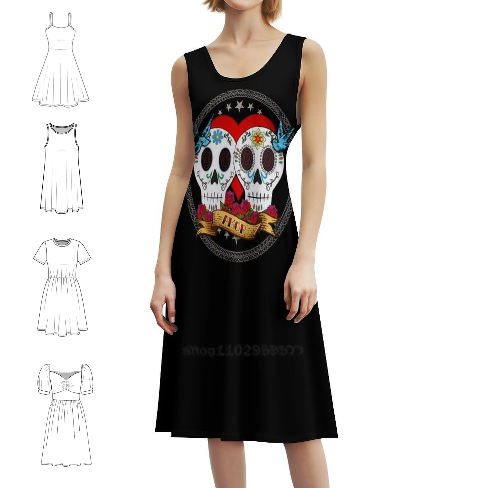 الحب الجماجم فستان بفتحة عنق على شكل قلب أنيق الصيف فستان الحفلات للنساء يوم الموتى ضياء دي لوس Muertos فستان المرأة #1