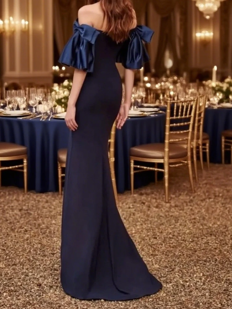 Long Navy Mother of the Bride Dresses with Slit Mermaid Crepe Godmother Dress Watteau Train for Women Customized