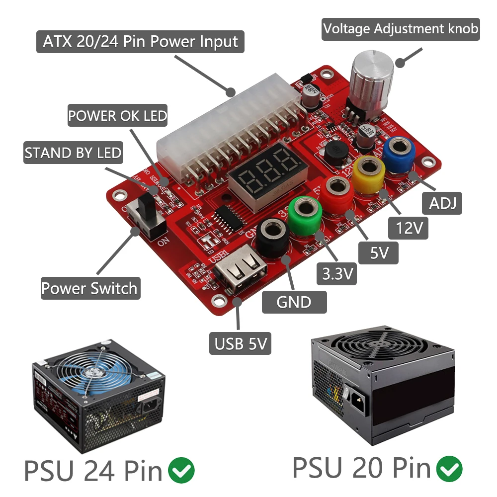 ATX Power Supply Breakout Board,ADJ Botão de tensão ajustável, Suporta 3.3V 5V 12V 1.8V-10.8V (ADJ) Tensão de saída, 3A máxima