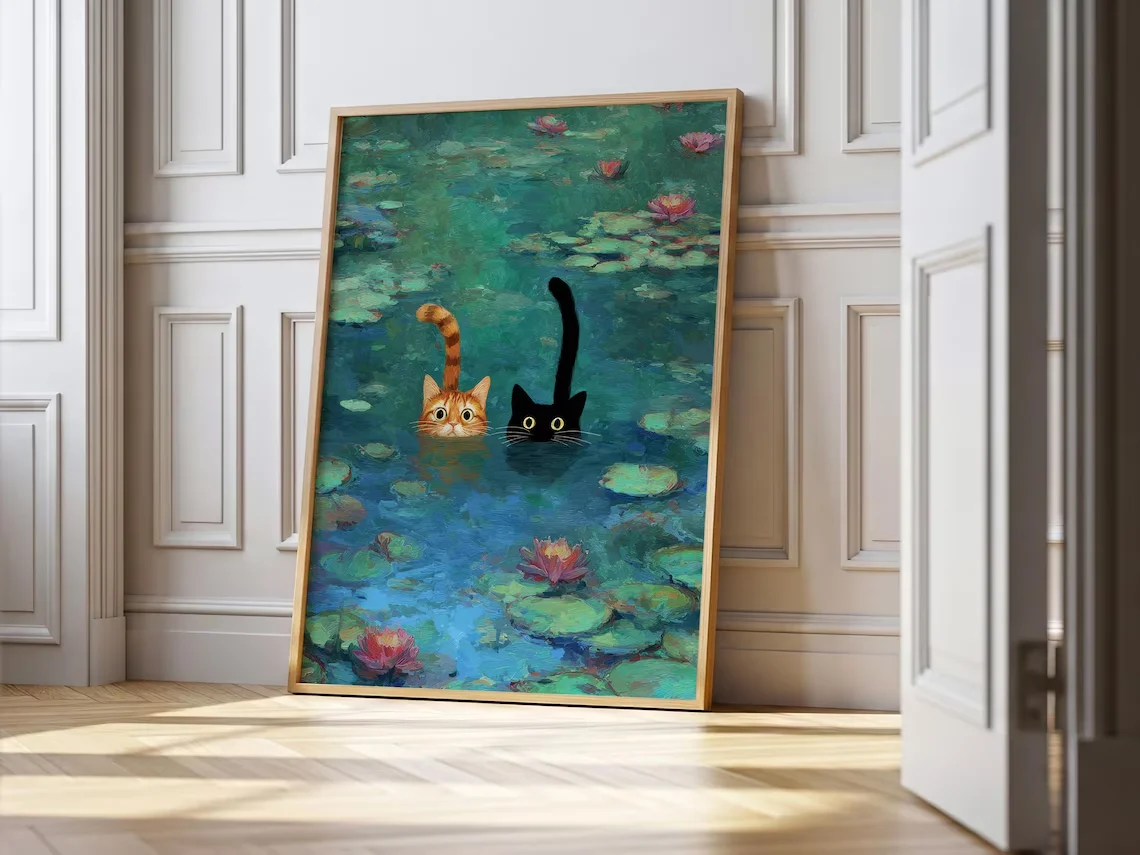 Whimsical Impressionist Cat Pond Wall Art - Delightful Art Print Merging Classic Monet Water Lilies with Cute Cartoon Cats, Capt