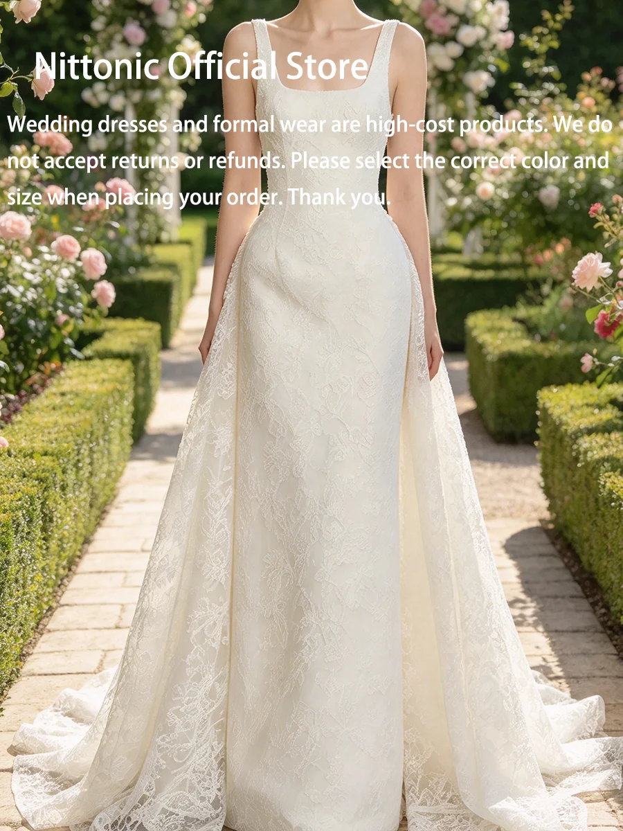 Classic Square Collar Satin Sleeveless Straight Detachable Bride Wedding Dresses Bridal Gowns Customized