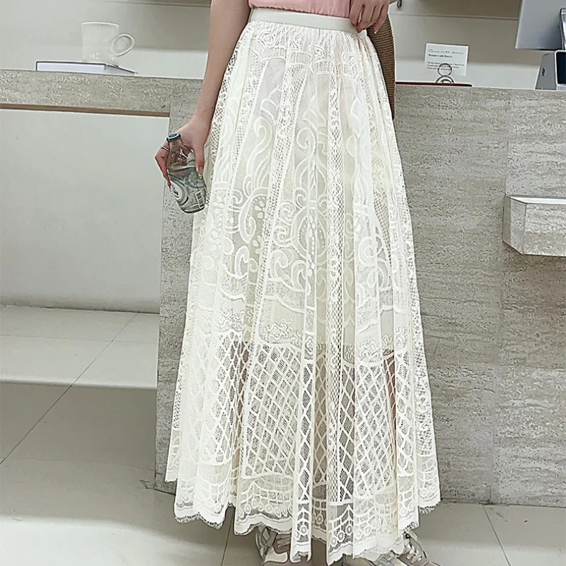 Seoulish Summer Vintage Mesh Lace Crochet Umbrella Women's Long Skirts Korean High Waist Hollow Out Female Skirts 2026 New
