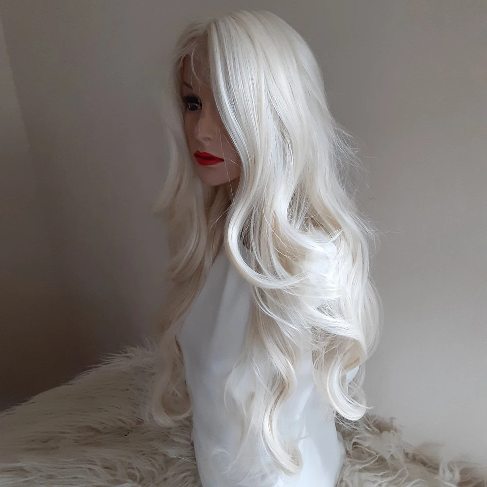 Perruque Lace Front Wig synthétique ondulée blanche neige pour femme, perruques longues couches, degré de chaleur, parfaite pour une utilisation au 03, densité optique de fête