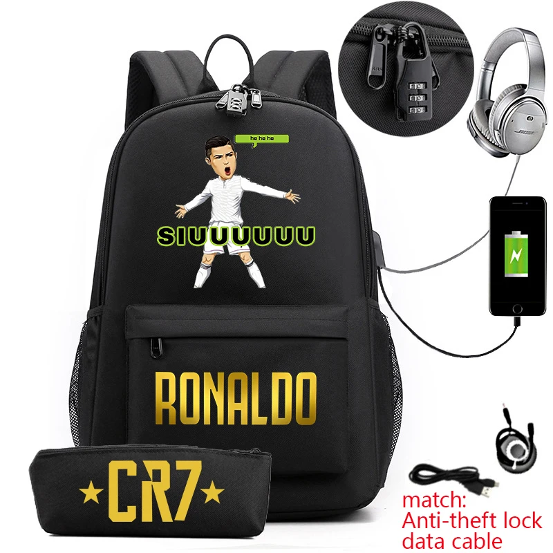 Ronaldo print borsa da scuola primaria e secondaria zaino per giovani borsa da viaggio USB con serratura antifurto