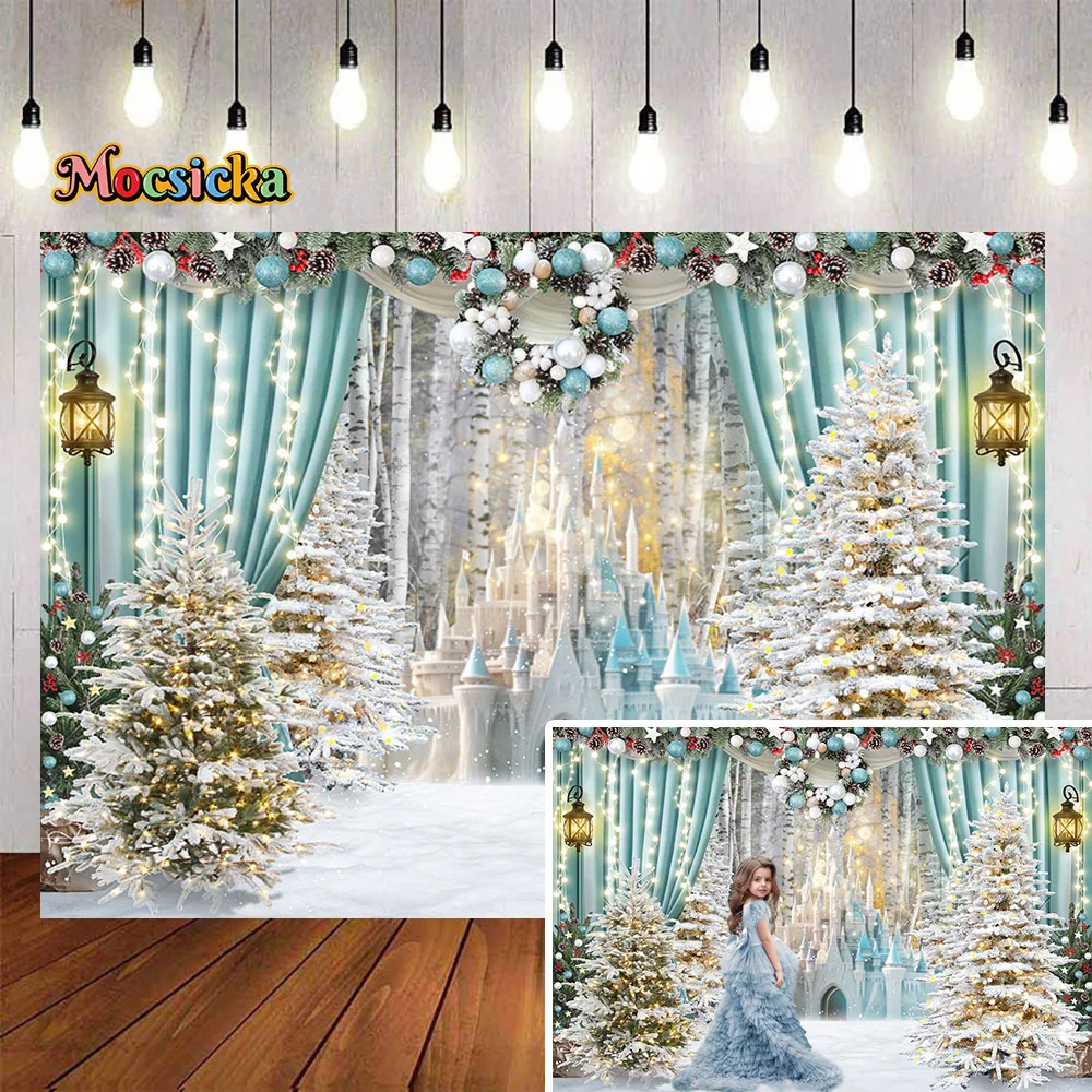 Winter Christmas Tree Snowy Photography Background Studio Glitter Lights Castle Photobooth Backdrop Kids Cake Smash Photocall