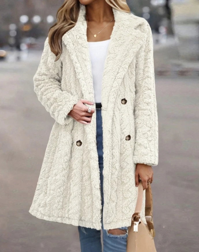 

Women's Coat 2024 Winter Casual Cable Textured Lapel Neck Button Front Pocket Design Long Sleeve Oversized Thermal Teddy Coat