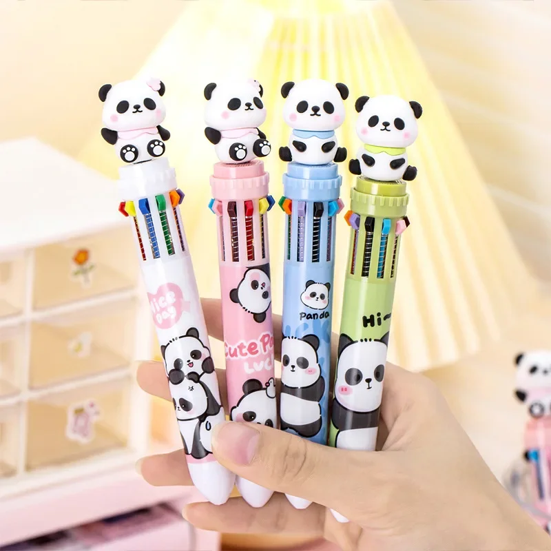 12 Pcs Cartoon Panda Ten-color Ballpoint Pens Student Creative Multi-color Pen Stationery Small Gifts