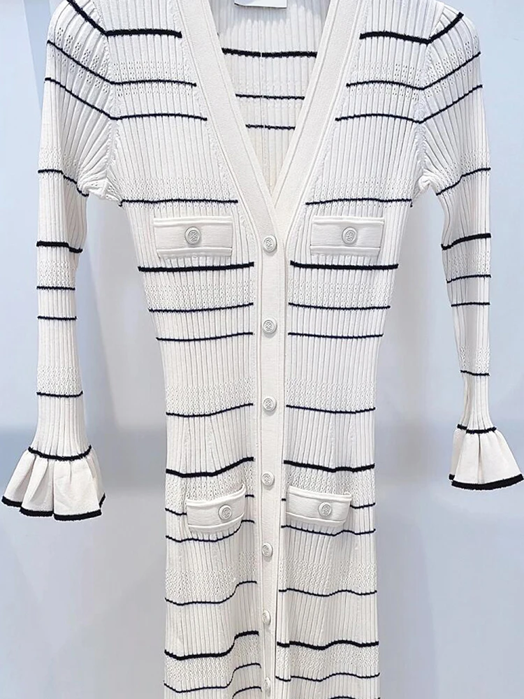 Elegancka damska długa dzianinowa sukienka w paski Niu Wang Sle na jesień i zimę, miękka, z włókna poliestrowego, o średniej elastyczności, o kroju A...