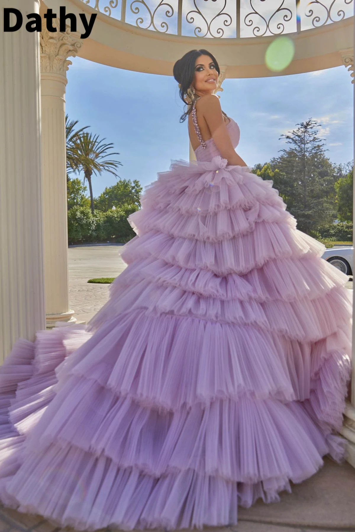 

Dathy Lavender Layered Tulle Prom Dress V-neck A-line Deluxe Evening Dress Party Dress فساتين مناسبة رسميةVestidos De Festa