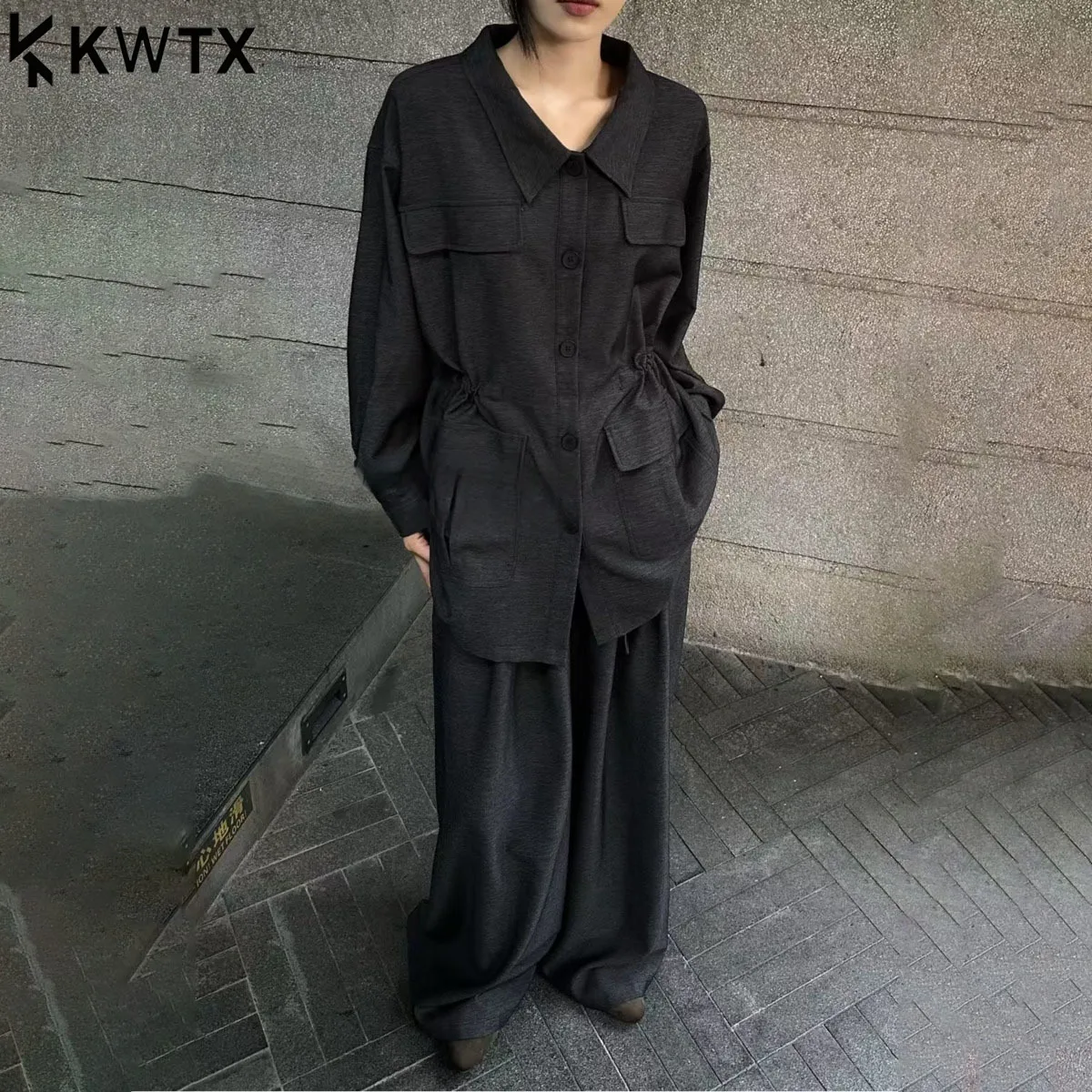 

KWTX женский комплект из двух предметов, куртка с высокой талией, широкие брюки, завязка на талии, карманы с лацканами, повседневная удобная премиум-класса, весна-лето