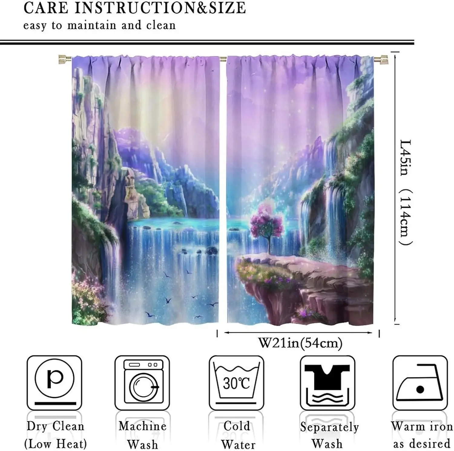 Dynamic Magical Cliff Waterfall Curtain 2 Panels Lavender Base Floral Tree Inn Guest Print Window Curtain Romantic Land Home