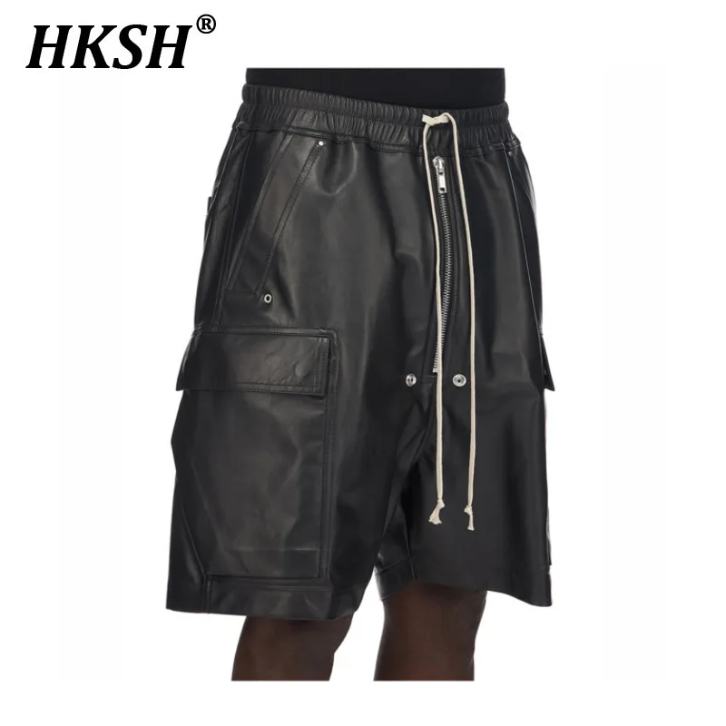 HKSH Trend Summer New Men\'s Sheep Leather Wide Legged Knee-length Pants Dropout Block Dark Work Shorts Punk Tide Capris HK0854