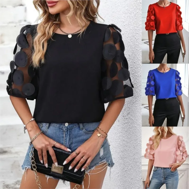 Fashion Women\'s Blouse Spring Summer New Short Sleeve Casual Simple O-Neck Black Lace Sheer Mesh Top Shirts For Women Pullover