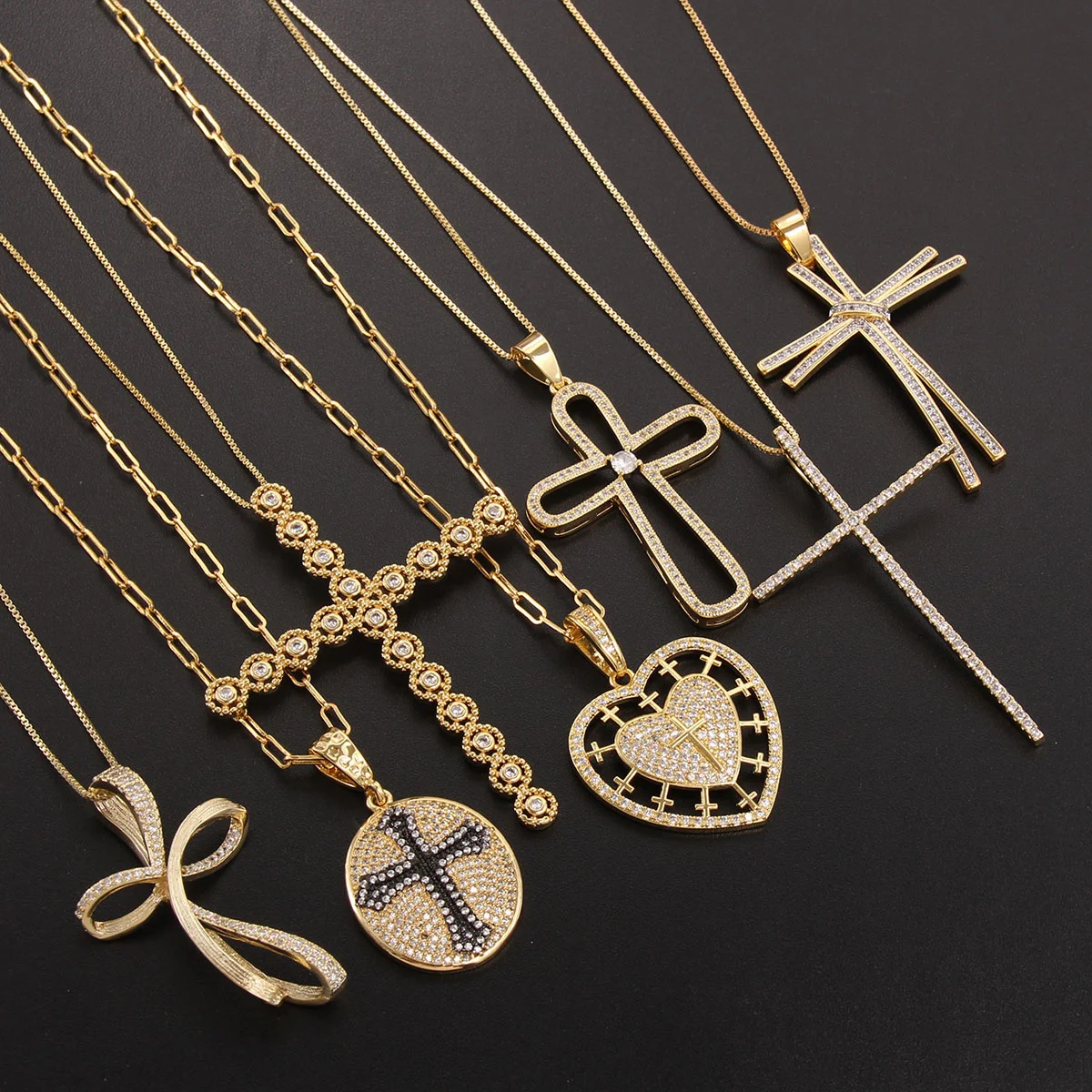 MHS.SUN High Quality Cross Pendant Necklace Mosaic AAA Cubic Zircon Choker Hollow Heart Necklaces Women/Men Accessories Jewelry