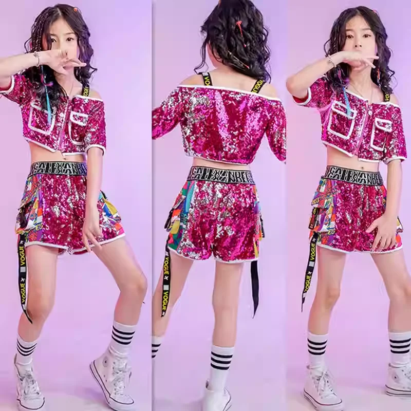 女の子ジャズダンス衣装子供ヒップホップストリートダンス棚ドラムパフォーマンス服ローズスパンコールトップスショートパンツセット