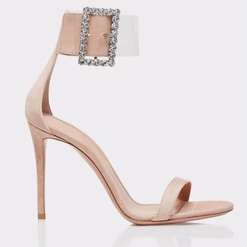 

Summer Square Crystal Ankle Buckle High heel Sandals open Toe Thin Heel Clear PVC Patchwork Banquet Pumps